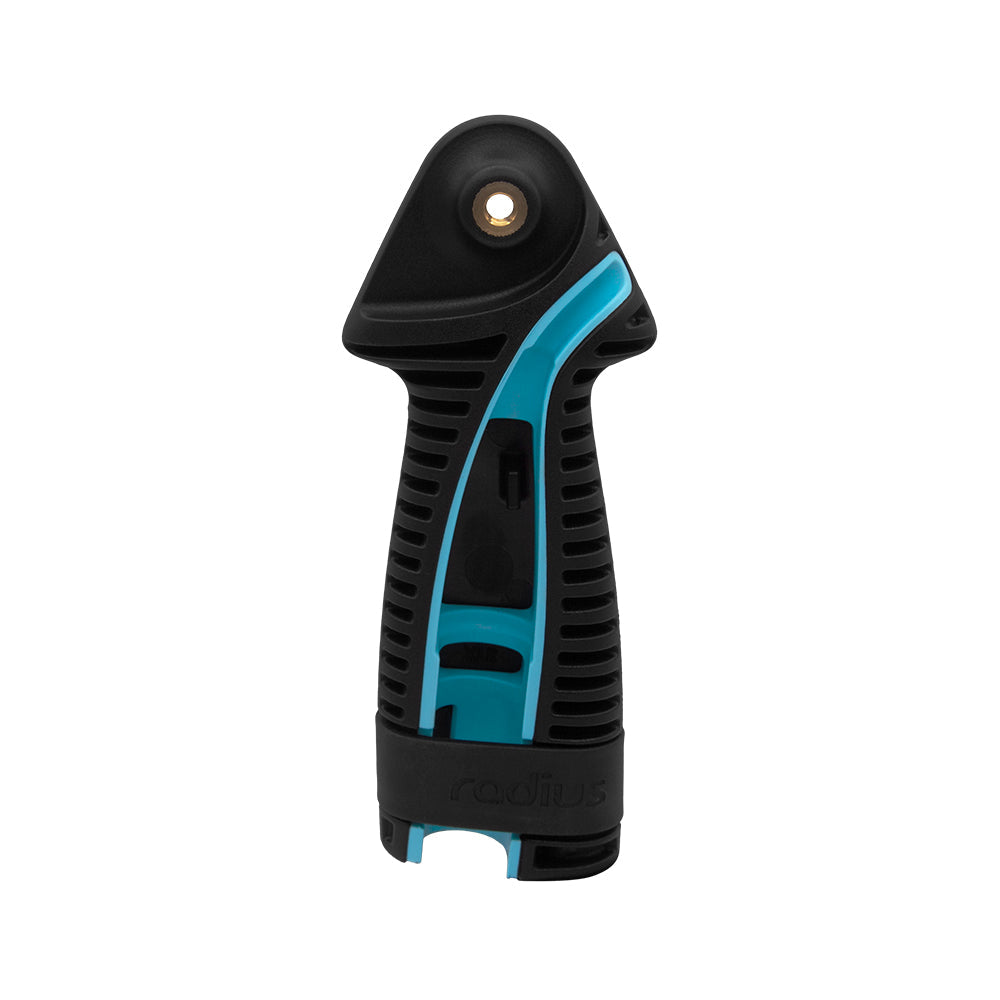 Black microphone handle grip with blue accents and circular attachment opening