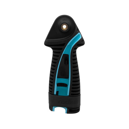 Black microphone handle grip with blue accents and circular attachment opening