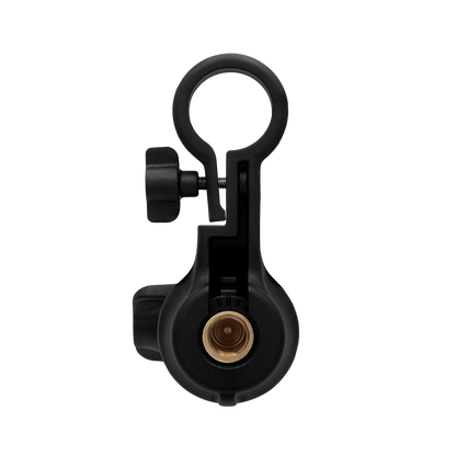 Black shock mount for microphone with 3-pin XLR cable, front close-up