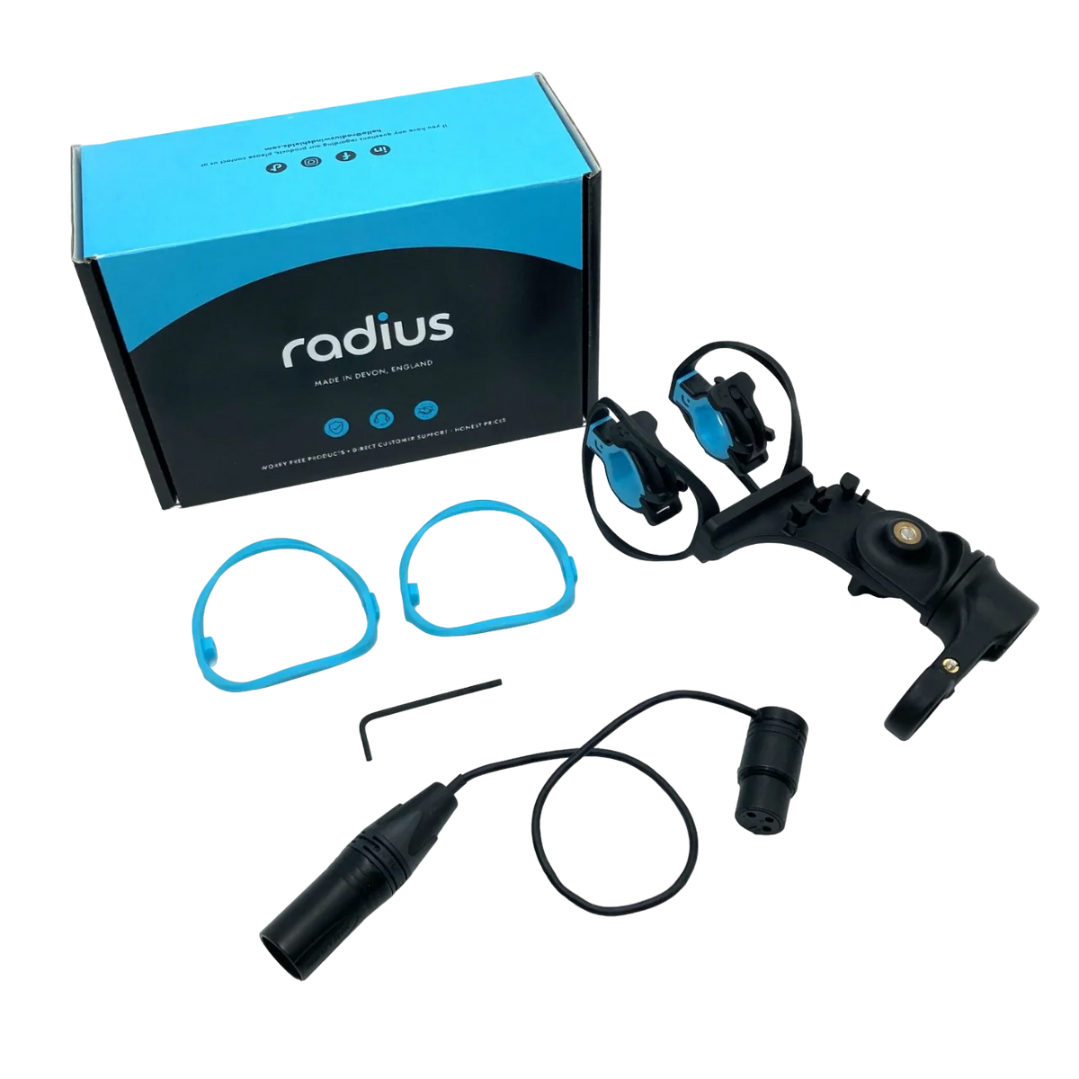 Radius packaged shock mount kit with black parts and blue cable loops
