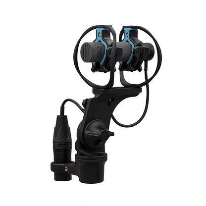 Black shock mount with dual clips, cable ends, and threaded base
