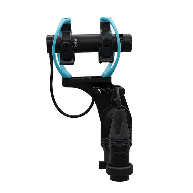 Black shock mount with attached cable and blue mounting bands
