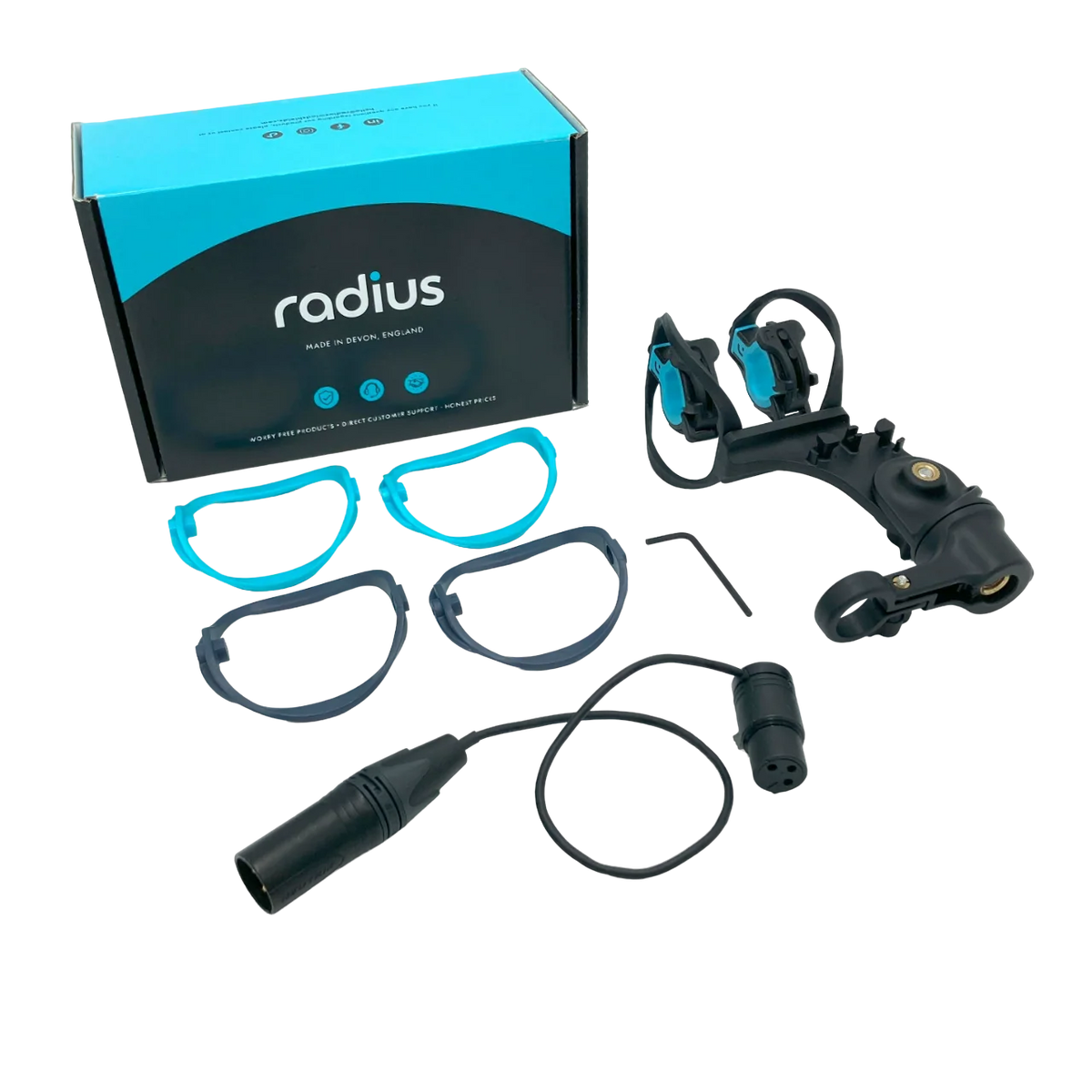 Radius mic shock mount kit with black parts, blue cables, and accessories