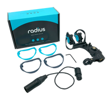 Radius mic shock mount kit with black parts, blue cables, and accessories