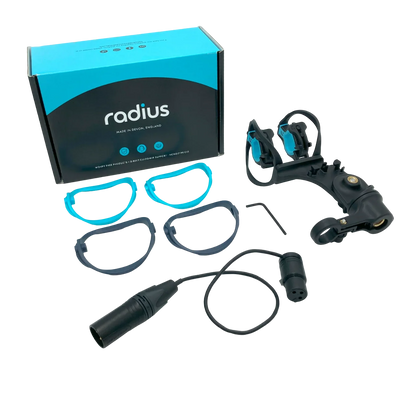 Radius mic shock mount kit with black parts, blue cables, and accessories