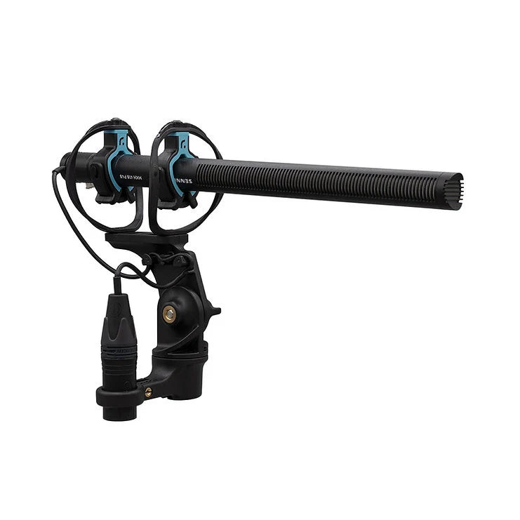 Black shock mount with long ribbed bar, dual blue rings, and XLR cable