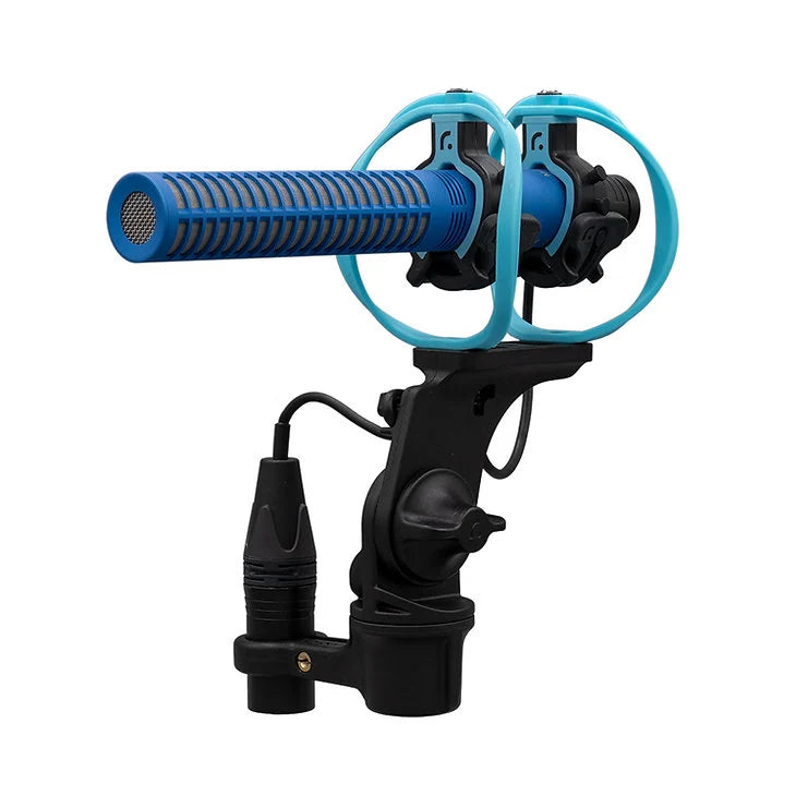 Mic shock mount with blue shock rings, black mounting arm, and 3-pin cable