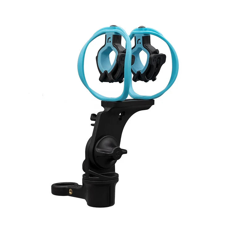 Black microphone shock mount with blue elastic rings and side clamp arm