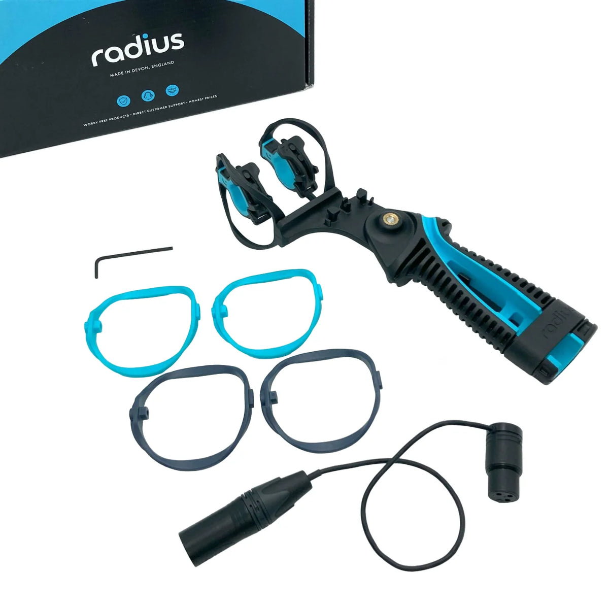 Shock mount kit includes clips and cables in black and blue