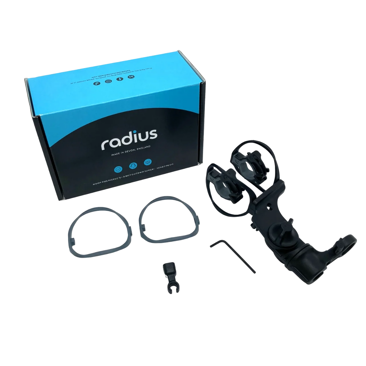 RAD-1 shock mount kit box with black parts, rings, and mounting pieces