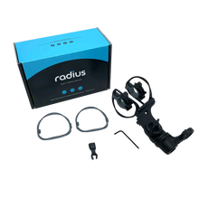 RAD-1 shock mount kit box with black parts, rings, and mounting pieces