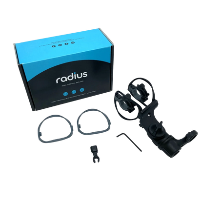 RAD-1 shock mount kit box with black parts, rings, and mounting pieces