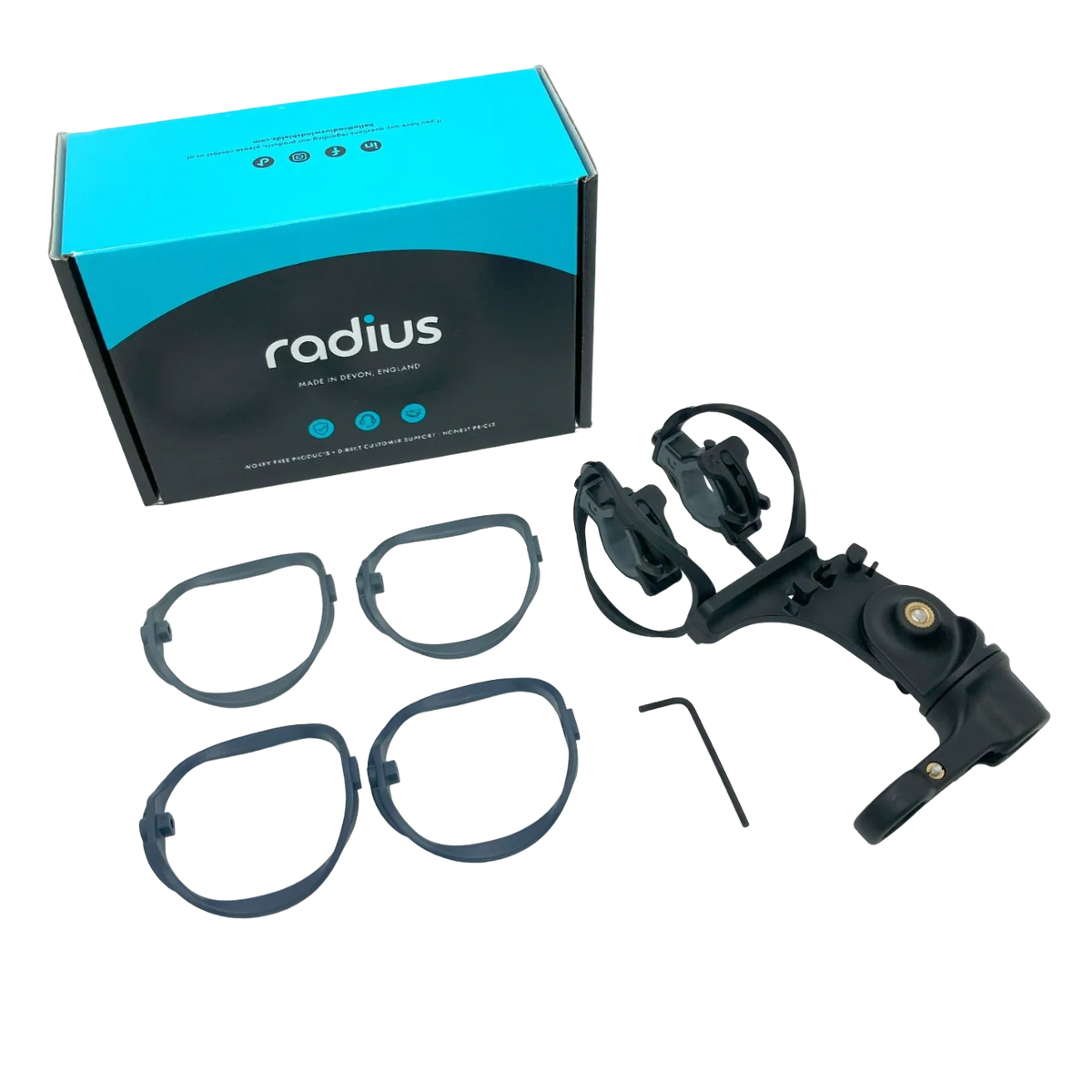 radius microphone shock mount kit with box, rubber rings, and clips