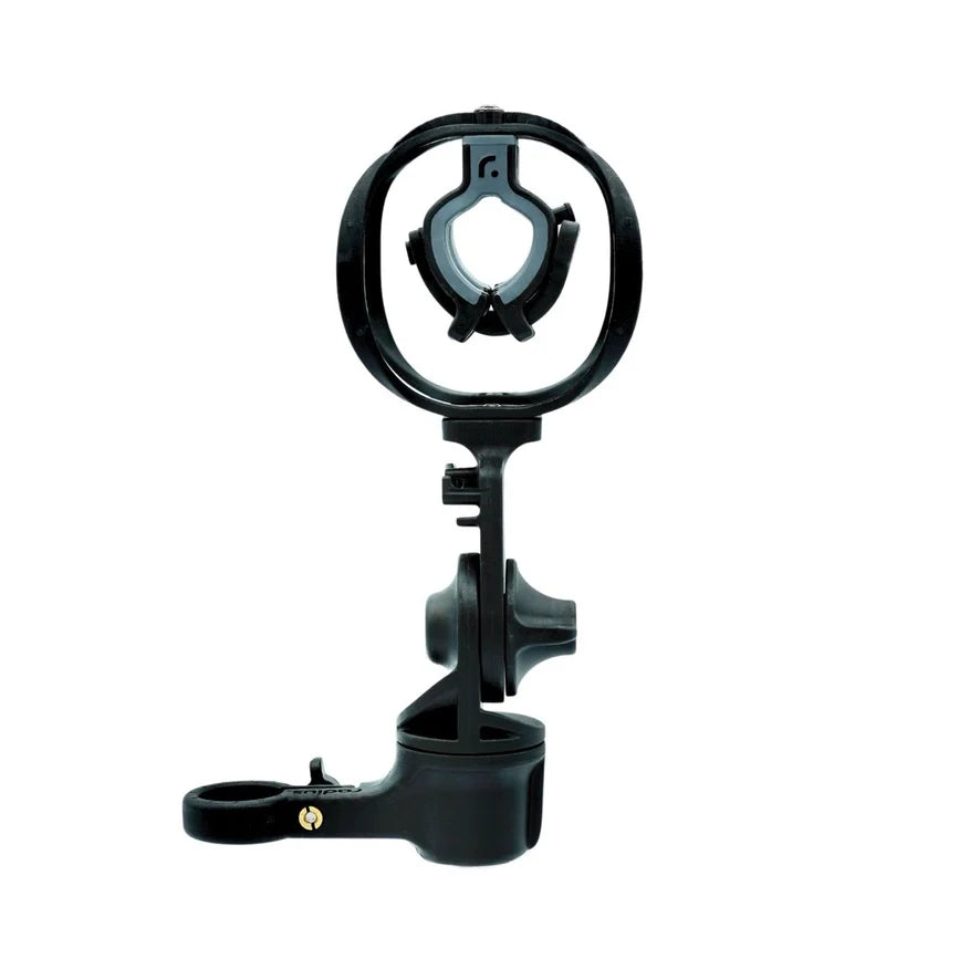 Black microphone shock mount with top ring, clips, and base cradle