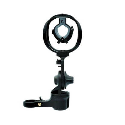 Black microphone shock mount with top ring, clips, and base cradle