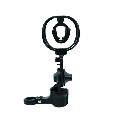 Black microphone shock mount with circular suspension ring and base handle