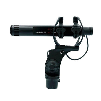 Shock mount with attached 3-pin XLR cable and cylindrical mic holder