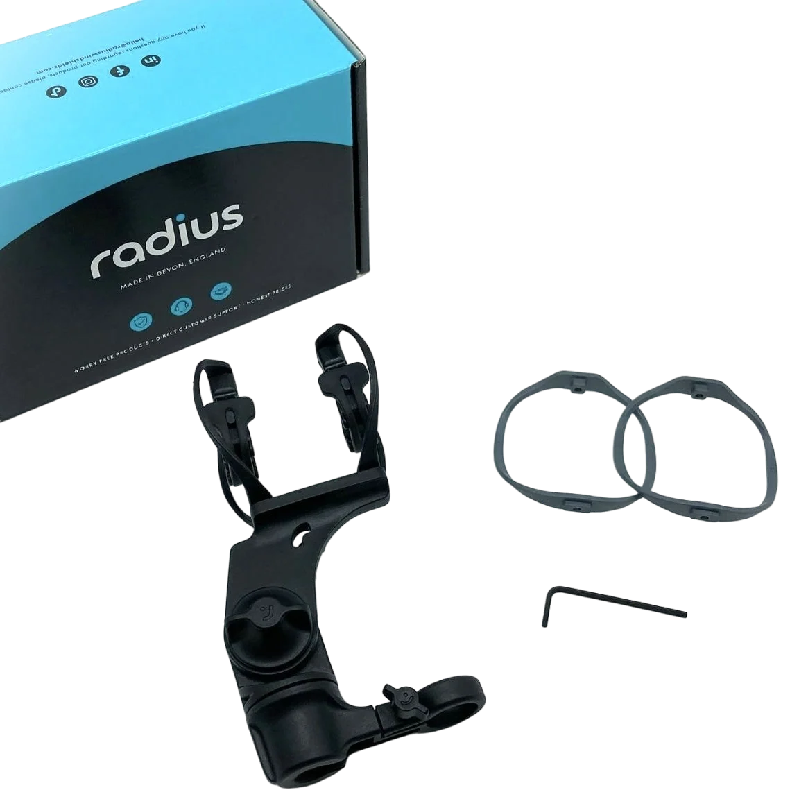 Black shock mount with mounting parts and cable ties in packaging