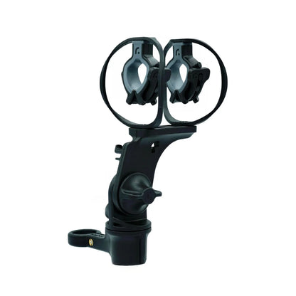 Black and gray shock mount with dual rings, three support arms, and clamp base