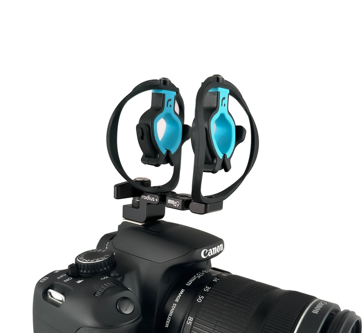 RAD-2 camera shoe microphone shock mount on Canon camera with dual blue shock holders