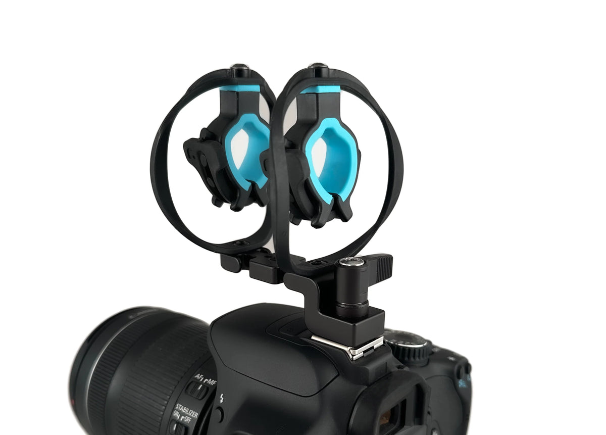 RAD-2 camera shoe microphone shock mount on camera hot shoe, dual blue shock mounts