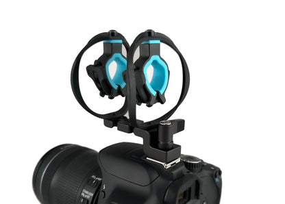 RAD-2 camera shoe microphone shock mount on camera hot shoe, dual blue shock mounts