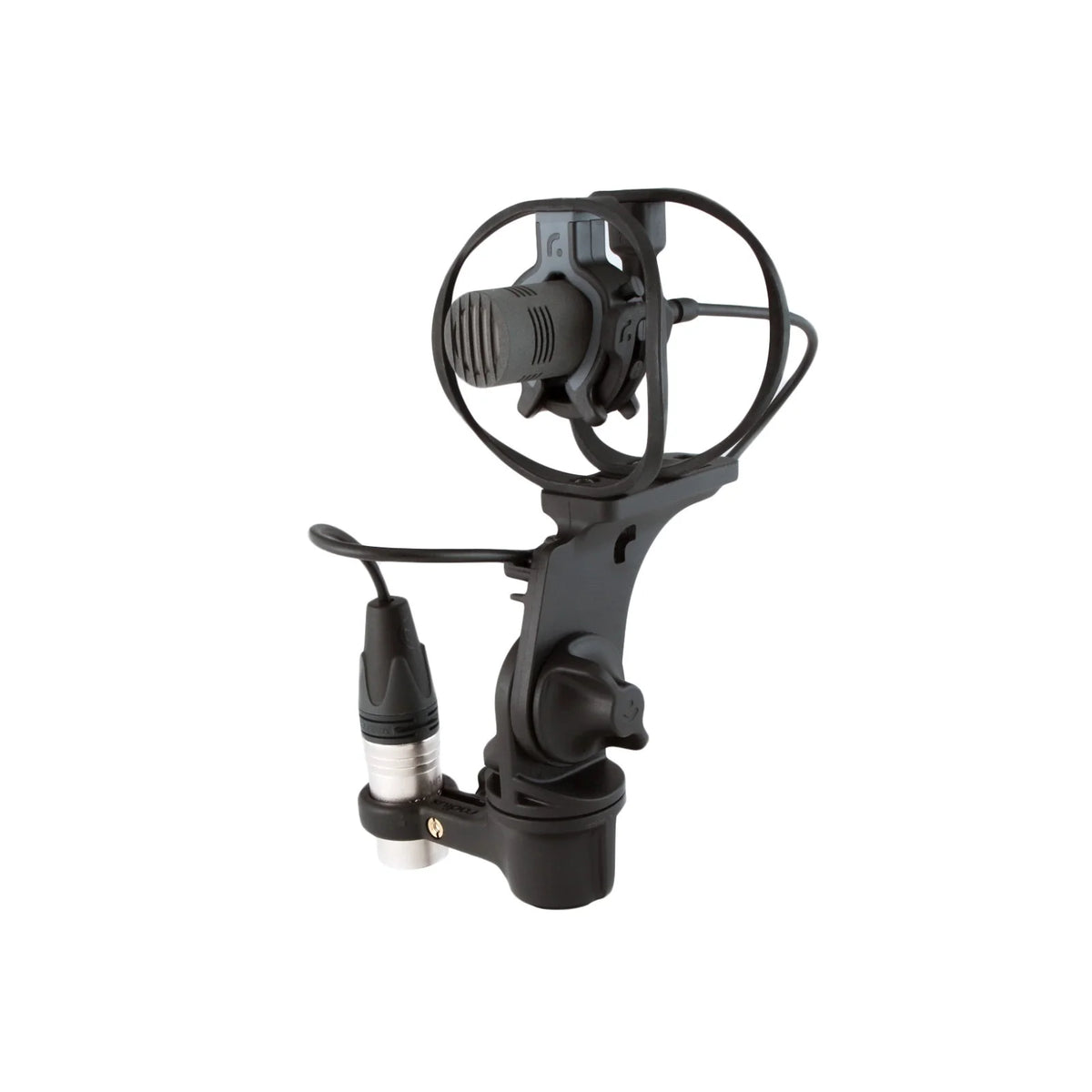Black shock mount with integrated cradle and connected cable, front view