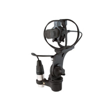 Black shock mount with integrated cradle and connected cable, front view