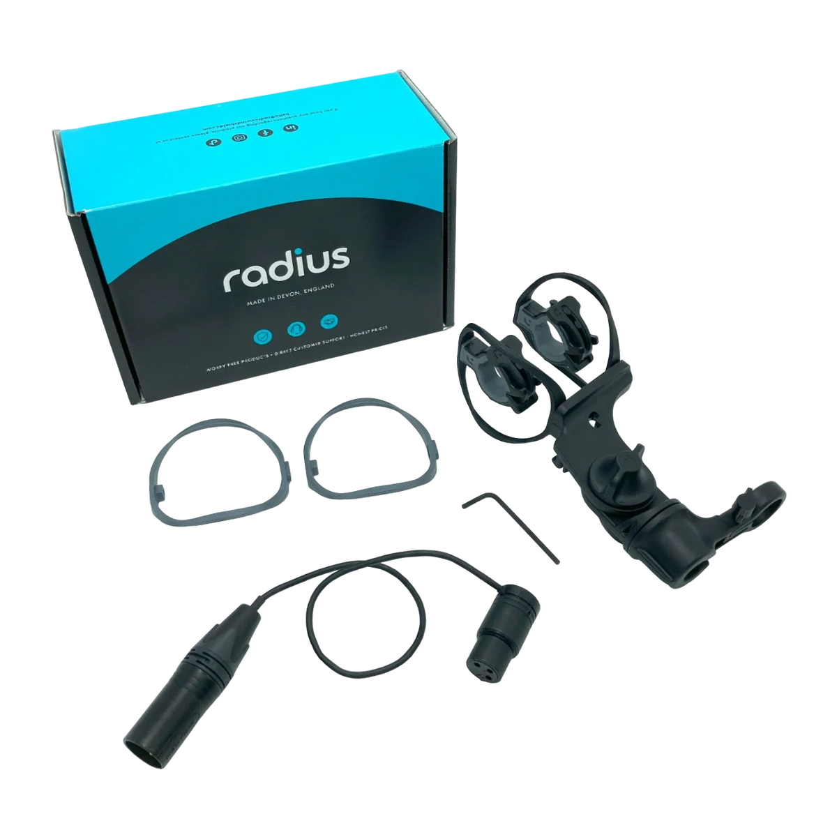 Radius shock mount kit with box, cables, and 3-pin XLR connectors, black and gray