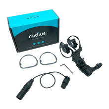 Radius shock mount kit with box, cables, and 3-pin XLR connectors, black and gray