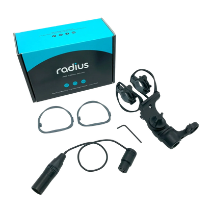 Radius shock mount kit with box, cables, and 3-pin XLR connectors, black and gray