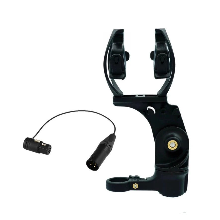 Black shock mount with attached 3-pin XLR cables and connector ends