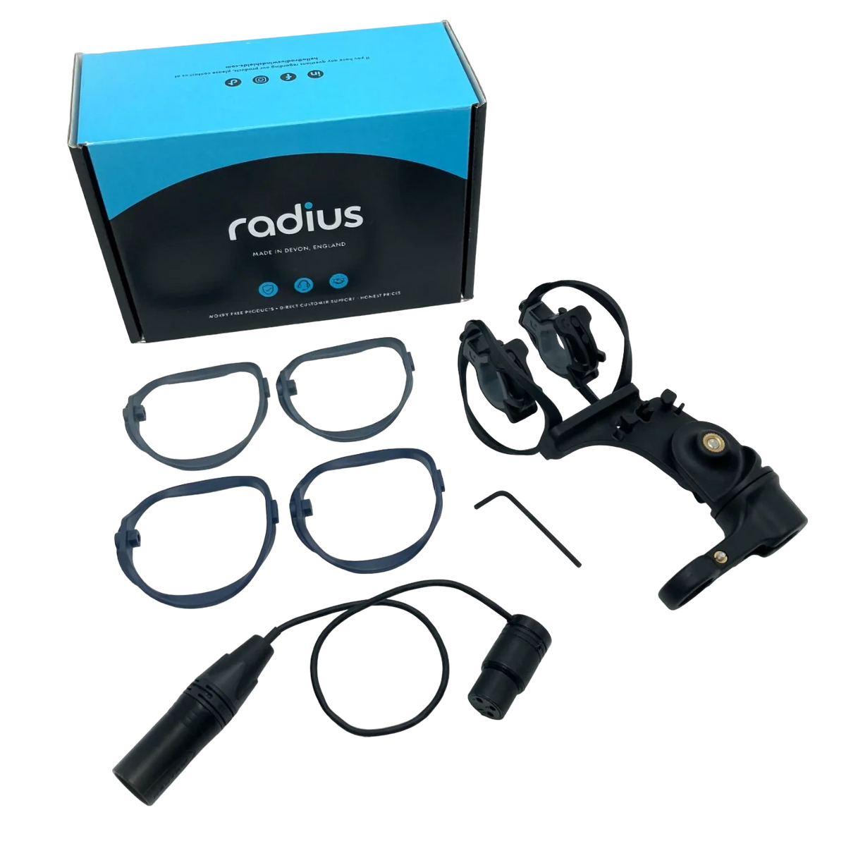 RAD-2 shock mount kit with multiple cables, shock bands, and radius box