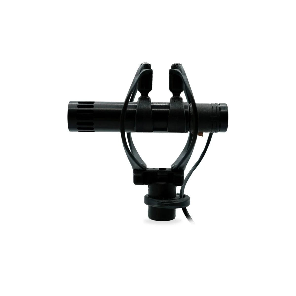 Black microphone shock mount with circular shock ring and mounting base