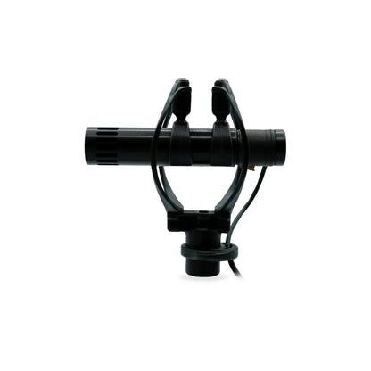 Black microphone shock mount with circular shock ring and mounting base