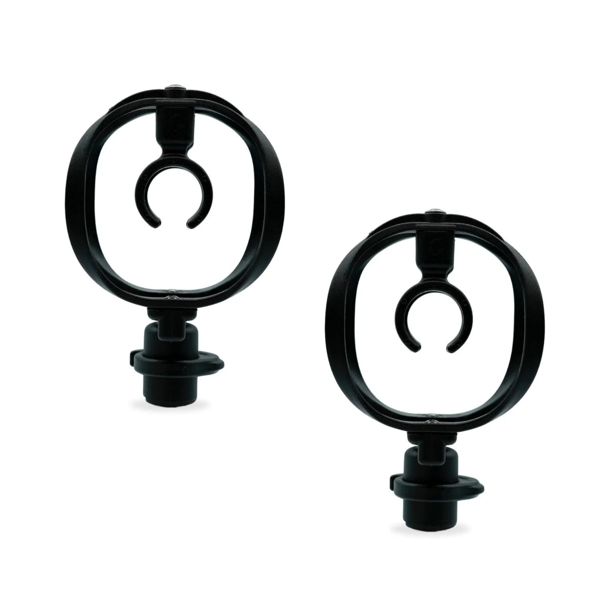 Pair of black circular shock mounts with base and suspension loops