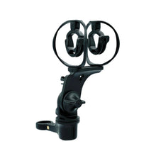 Black microphone shock mount with circular frame and elastic clips