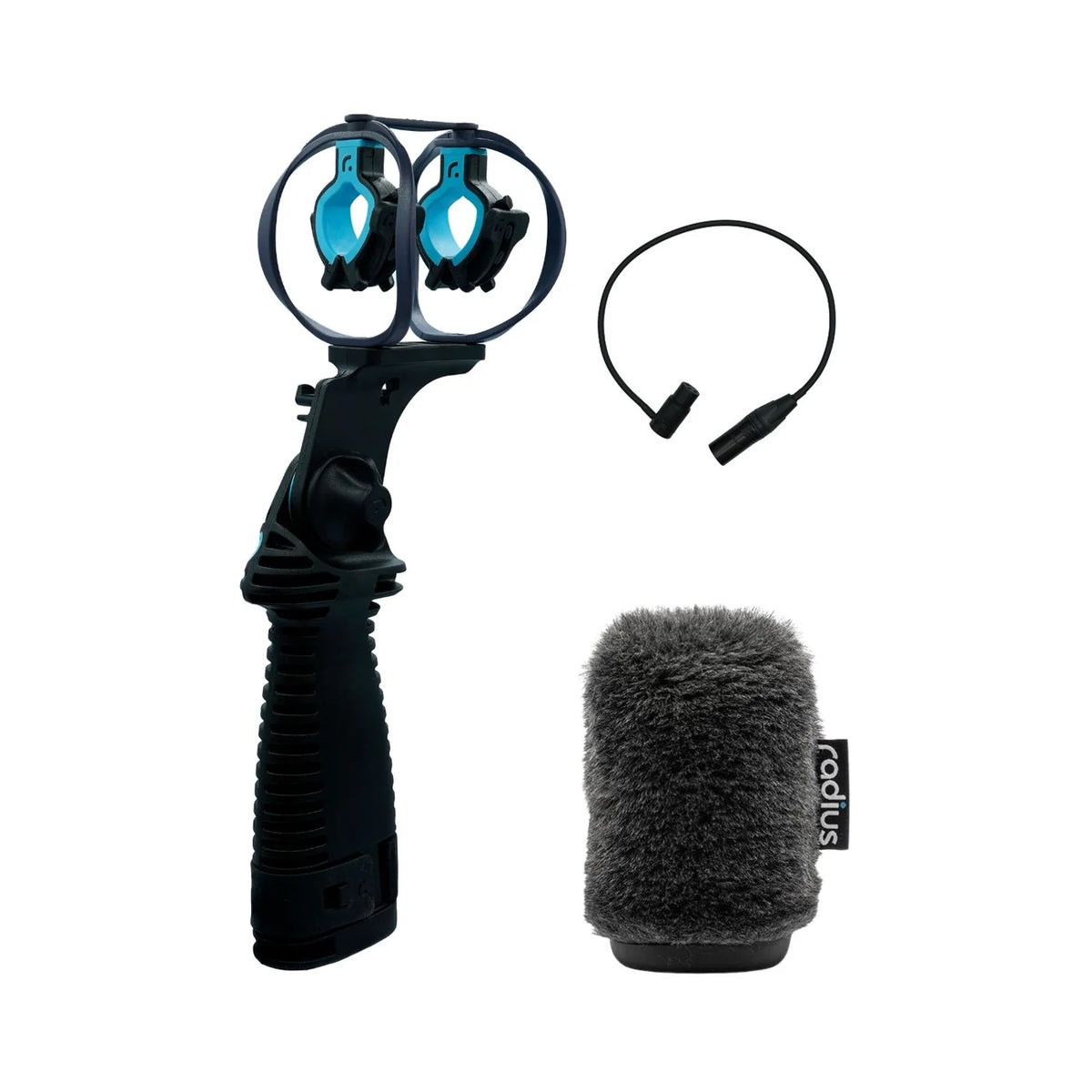 Handheld dual-clip mount with blue inserts, gray furry windscreen, and black cable loop