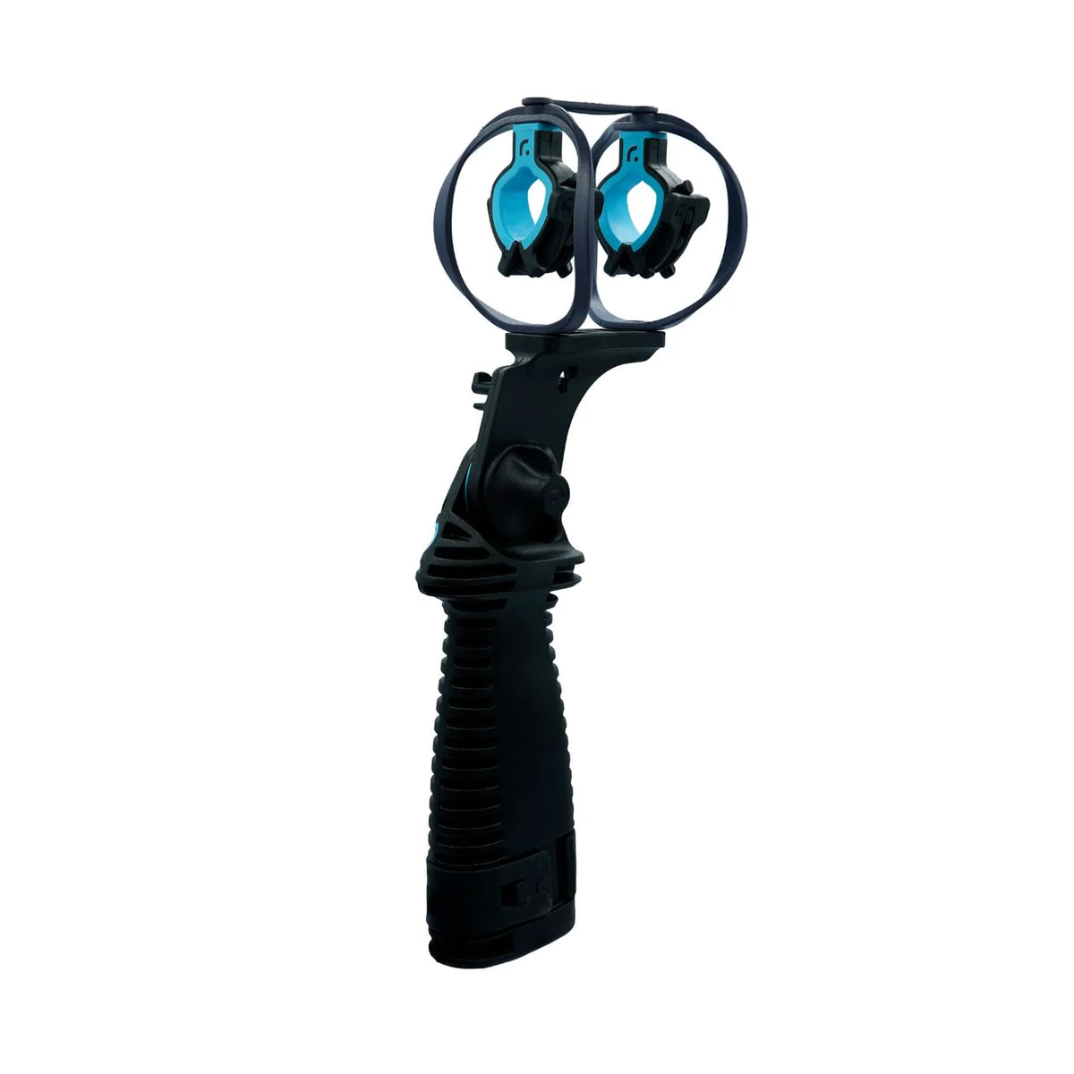 Handheld dual-clip mount with blue inserts and black ribbed handle