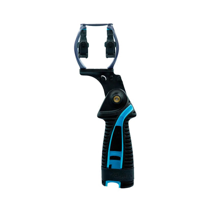 Handheld grip with dual blue clips and blue accent stripe, black adjustable head