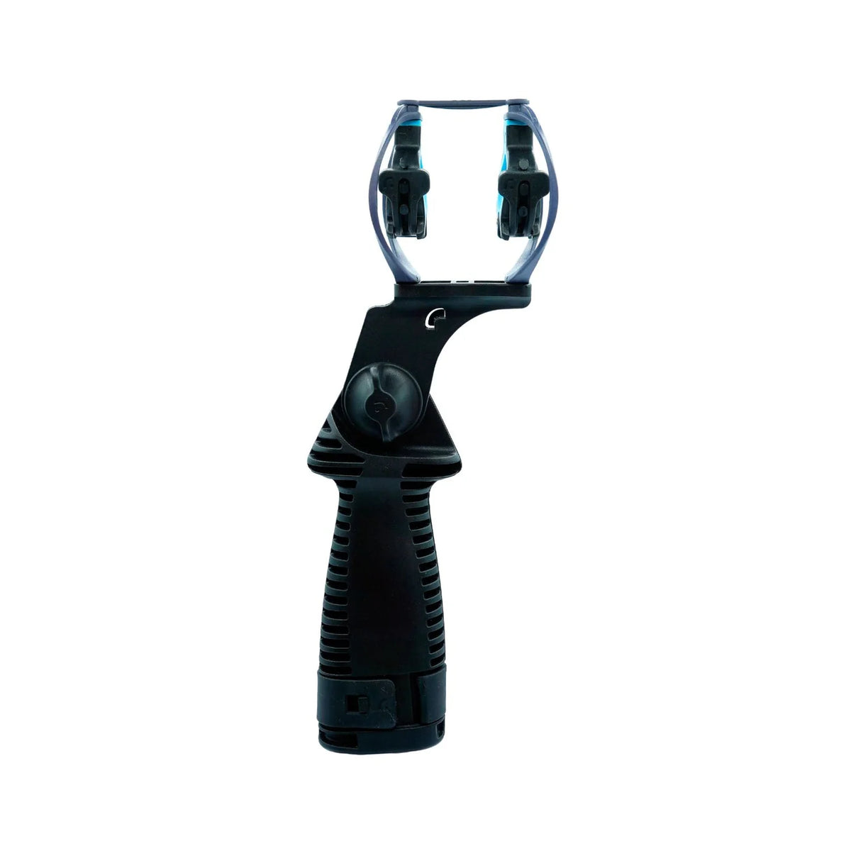 Handheld black grip with dual blue clips on adjustable head