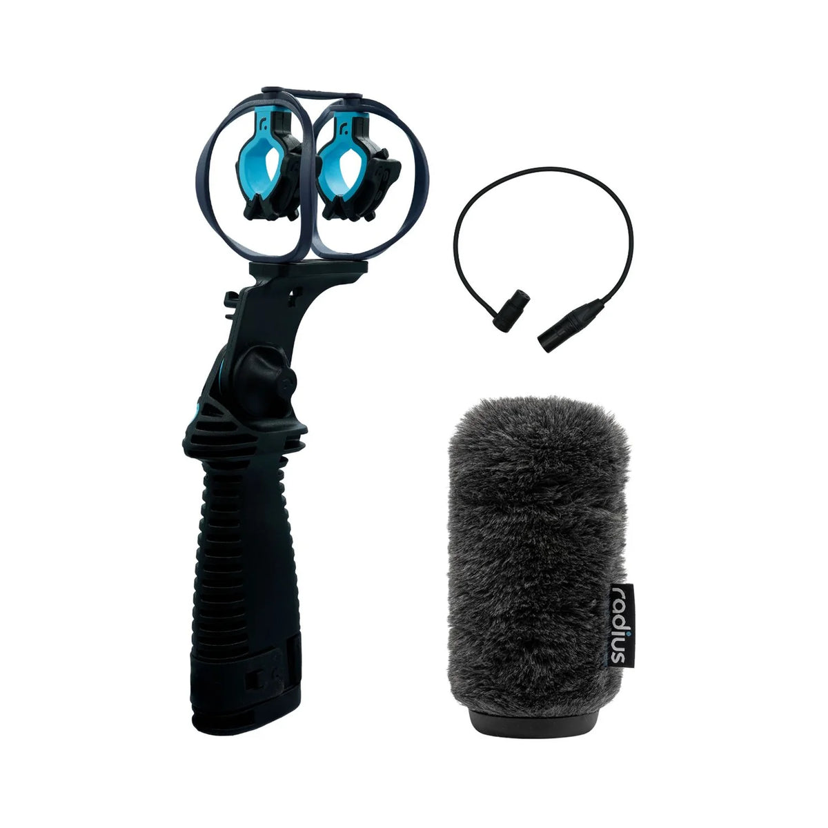 Handheld dual-clip mount with blue inserts and gray furry windscreen with cable loop