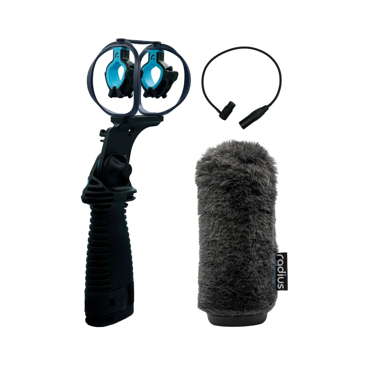 Handheld dual-clip mount with blue inserts, black grip, and gray fuzzy windscreen