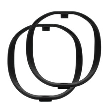 Pair of black hoop earrings overlapping, circular ring with snap clasp
