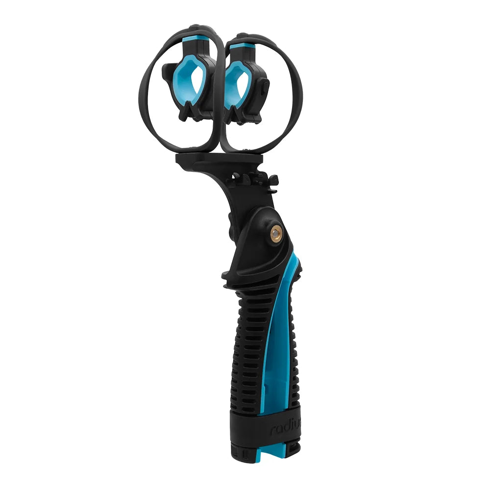 Handheld shock mount with blue-accent clips, black grip and head