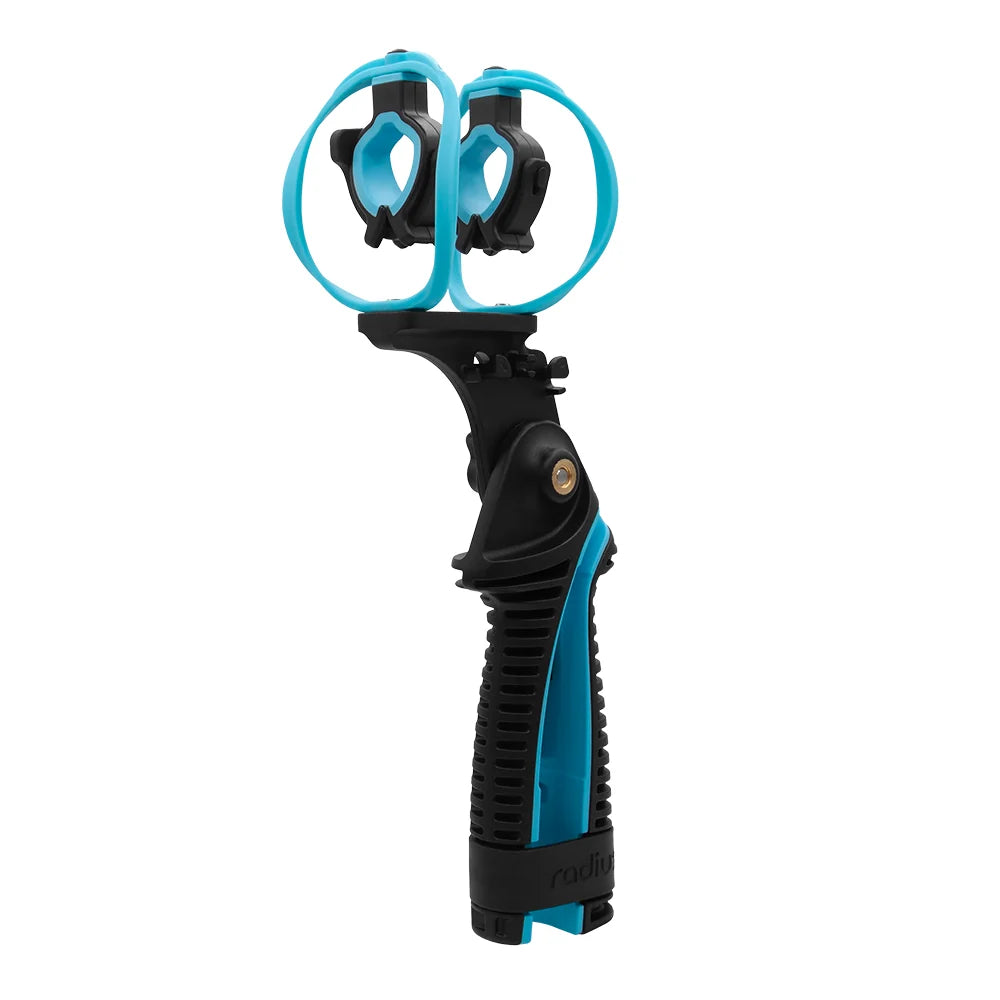 3-pin XLR shock mount with black handle and blue microphone clips
