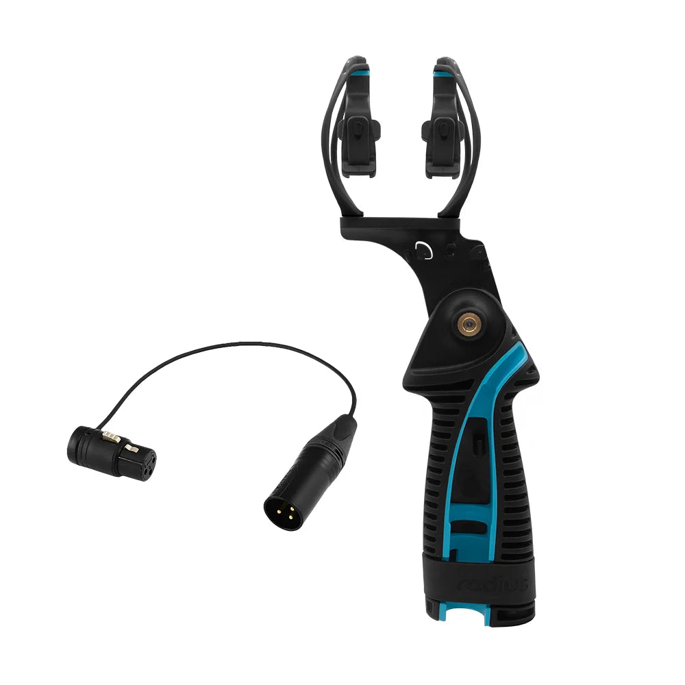Shock mount with attached cables and 3-pin XLR connector, black and blue