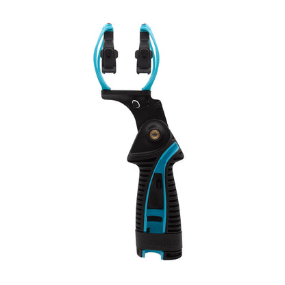 Pistol-grip shock mount handle in black with teal accents and side mounting cups