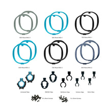 Spare parts kit with colored mount rings, clamps, hooks, and small screws
