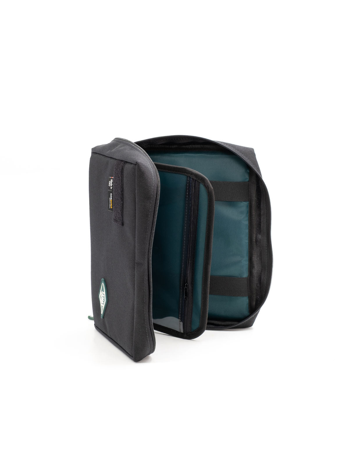Grey radio holder case with teal-lined inner panel and front zipper pocket